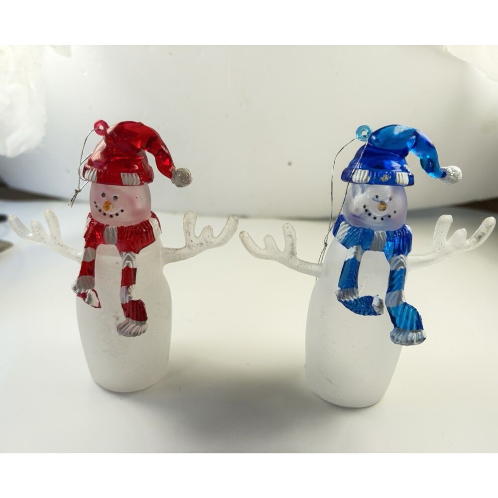 Vintage Frosted Glass Snowman Ornament Set Red Blue Hats Blown Glass Pair 4 ½” - Picture 3 of 8
